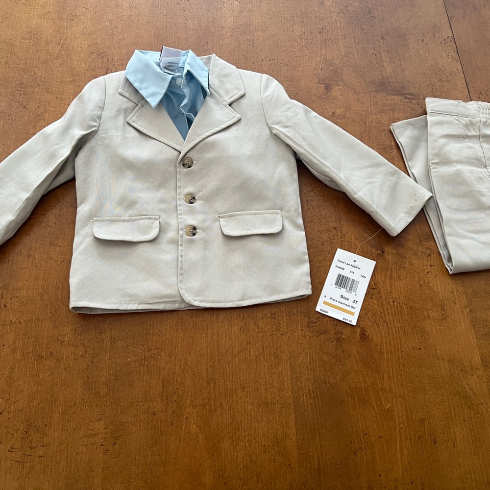 Good lad 3 piece Goodlad jacket coat shirt pant tan beige 3T boy New blue top